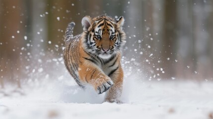 Energetic Tiger Cub Captured Mid-Run, Snowflakes Kicking Up Around Its Paws.