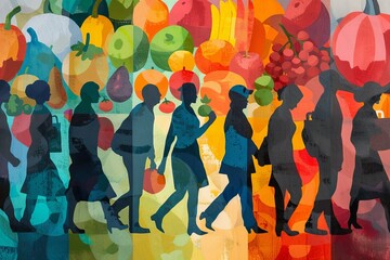 A Painting of a Group of People Walking Down a Street