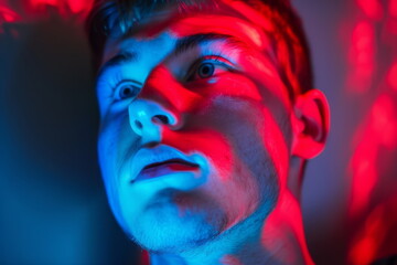 Bipolar disorder is depicted in this portrait through the interplay of red and blue lights, symbolizing the emotional highs and lows experienced by individuals with the condition.