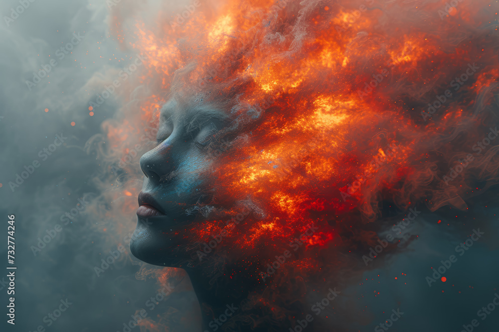 Poster a dynamic burst of color emanating from an individual's head, symbolizing the explosive emergence of