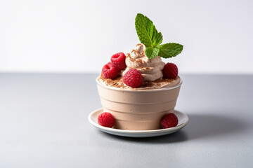 Coffee Mousse with mint leaf, Raspberry berries next to it, Image for Cafe and Restaurant Menus