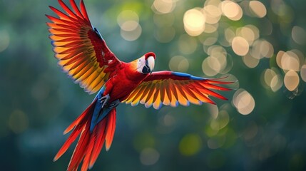 A Radiant Red Macaw Cutting Through the Air, Embodying the Spirit of Aerial Elegance. - obrazy, fototapety, plakaty