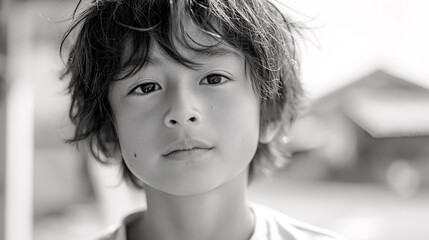 Naklejka premium Retrato de niño japonés joven, morena de ojos negros, primer plano, con fondo desenfocado