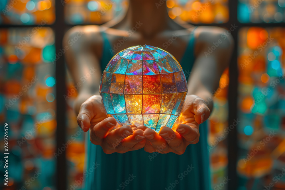 Aufkleber A vivid kaleidoscope turning in an individual's hands, representing the endless possibilities and perspectives within an idea. Concept of idea diversity. Generative Ai.