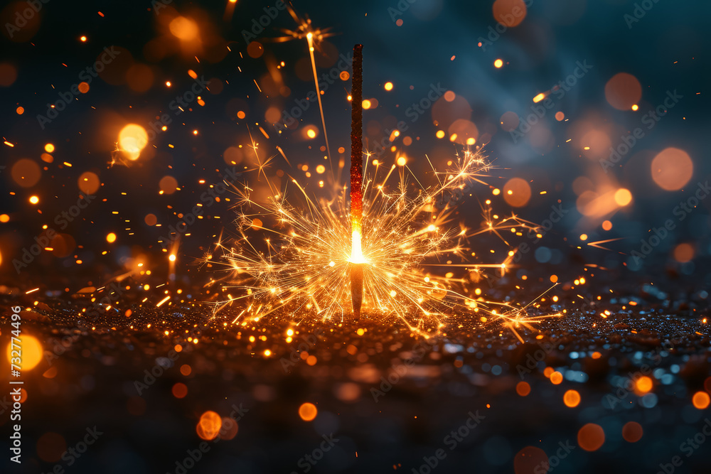 Aufkleber a spark igniting a chain reaction of fireworks, symbolizing the catalytic effect of a single idea on