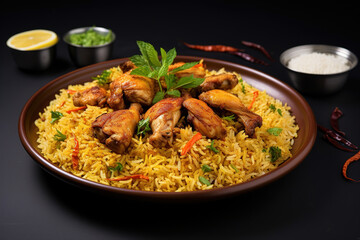 Fototapeta premium Indian Butter chicken with basmati rice in bowl, spices, background. Space for text. Butter chicken, traditional Indian dish. Chicken tikka masala. Indian cuisine concept.