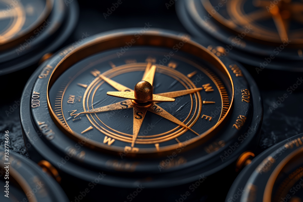 Poster a compass pointing in multiple directions, illustrating the exploration and navigation of innovative