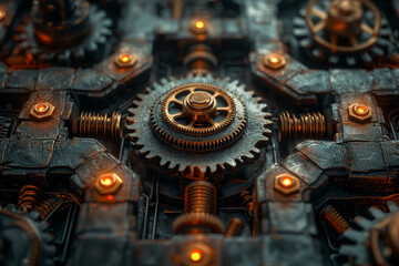 A labyrinth of interconnected gears and cogs, symbolizing the intricate workings of a well-thought-out and complex idea. Concept of intricate ideation. Generative Ai.