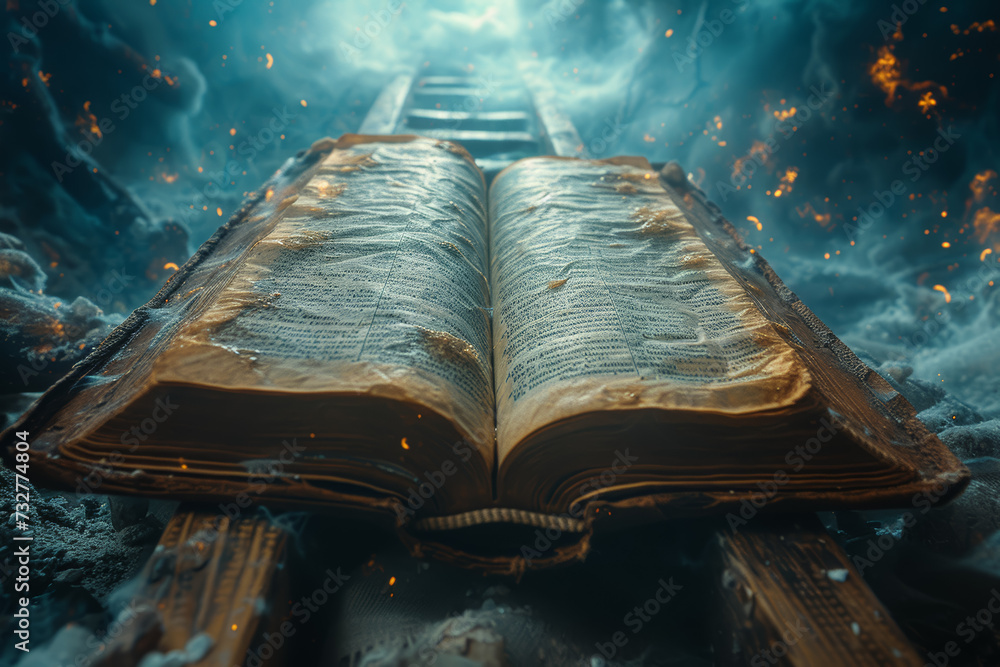 Poster a ladder extending towards an open book, portraying the ascent of knowledge and the evolution of ide