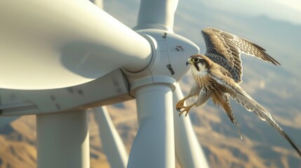 a majestic falcon soaring gracefully between the towering blades of a wind turbine, showcasing the intricate balance between wildlife and renewable energy.