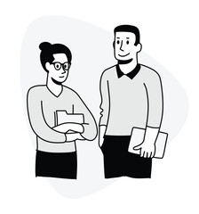 A woman with documents in a folder and a man with a laptop. Mentor and student in practice. Flat style illustration with black outline meaning office theme.