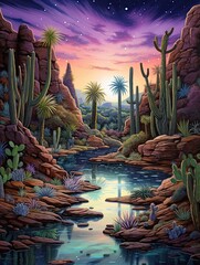 Starlit Oasis: Vibrant Twilight Desert Print - Mesmerizing Night Sky Landscape