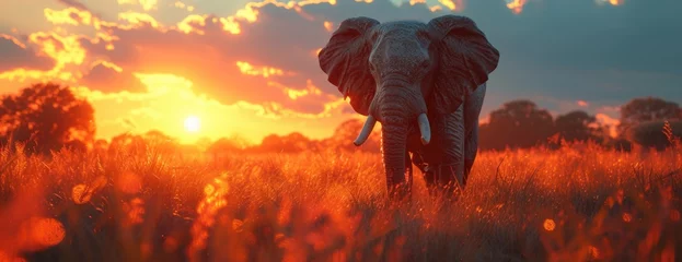 Fotobehang An Elephant Poised Peacefully on the Horizon, Illuminated by the Soft Light of Sunset. © Landscape Planet