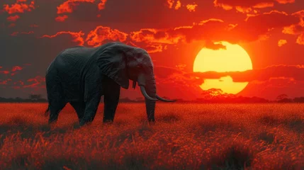Foto op Plexiglas An Elephant Stands Alone, Enveloped by the Warmth and Beauty of the Approaching Night. © Landscape Planet