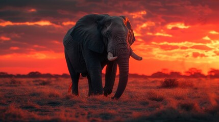 An Elephant Stands Alone, Enveloped by the Warmth and Beauty of the Approaching Night.