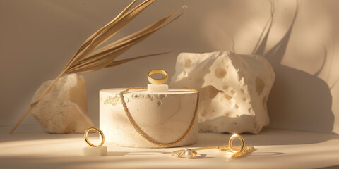 Elegant still life composition with marble textures and golden rings in a warm, soft light setting.