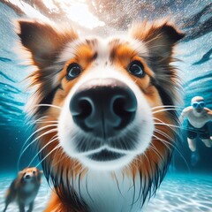 Underwater View of a Dog Diving with Friends