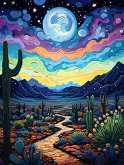 Starlit Desert Oasis: Vibrant Landscape, Night Sky Art - Twilight Desert Print