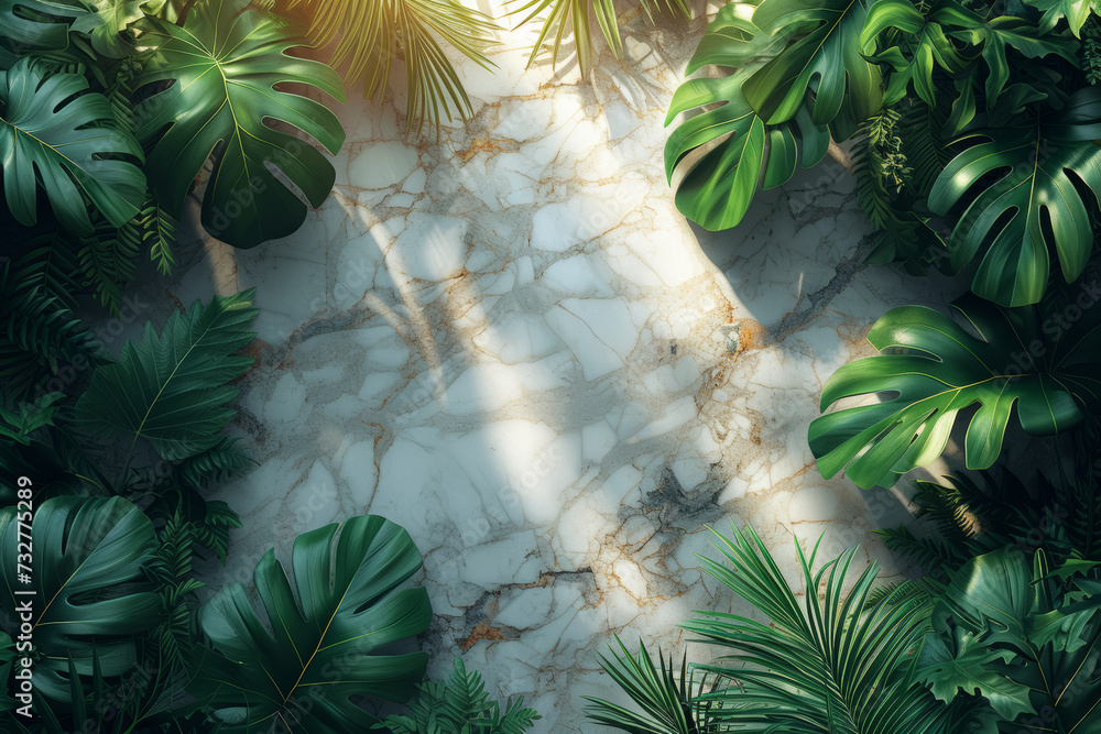 Poster top view of a textured marble surface surrounded by lush greenery, providing an elegant and sophisti