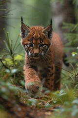 Fototapeta premium A Lynx Cub's Adventure, Darting Across the Verdant Wilderness.
