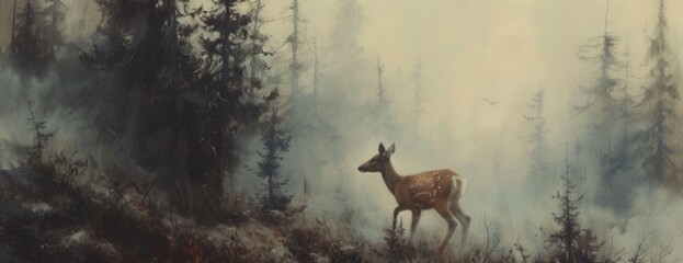 a deer walking in the fog through a forest