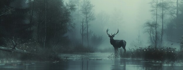 A Deer Treads Softly in the Forest, Embraced by Morning Mist.