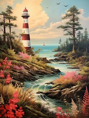 Vintage Lighthouse Views: Stream and Brook Art for Seaside Nature Scene Backdrop
