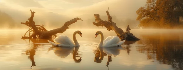 Rolgordijnen two swans floating on a lake near two fallen trees on a sunny day © Landscape Planet