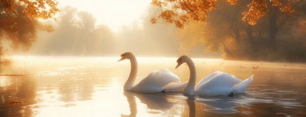 two swans swimming in water on the lake
