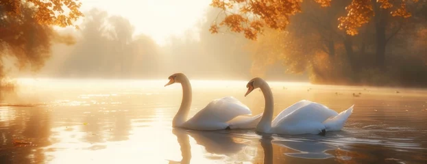 Fototapete Rund two swans swimming in water on the lake © Landscape Planet