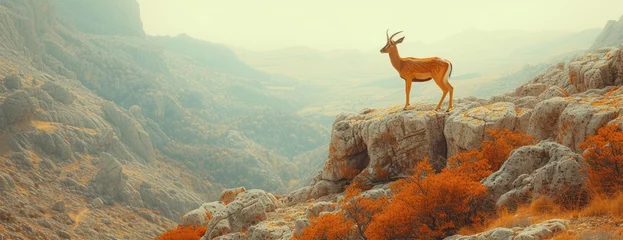 Fotobehang a large antelope is perched over a high rock in the background of an alpine mountain © Landscape Planet