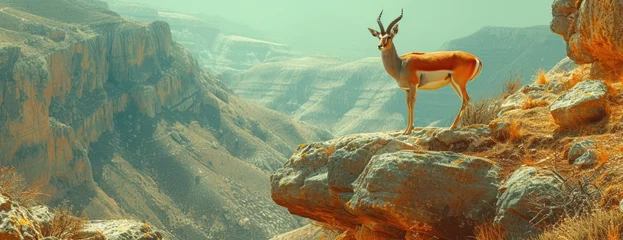Poster a large antelope is perched over a high rock in the background of an alpine mountain © Landscape Planet