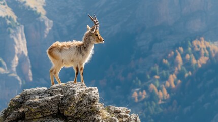 A Large Antelope Overlooks the Valley from Its Rocky Perch, Mountains Enveloping the Horizon.