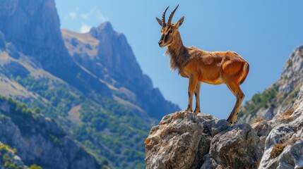 Majestic Antelope on High Rock, Commanding View Over Alpine Landscape.