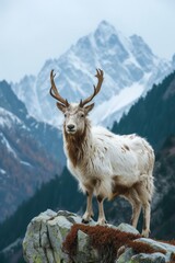 Obraz premium elk mountain goat, in the style of European symbolism, mountainous vistas