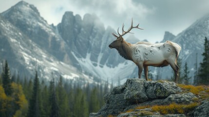 elk mountain goat, in the style of European symbolism, mountainous vistas