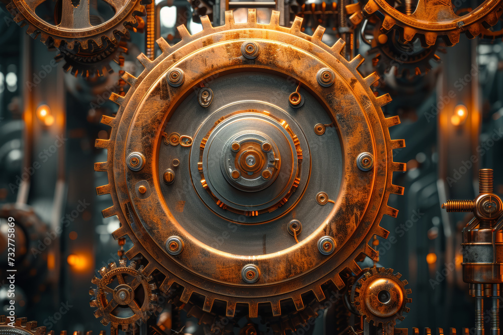 Poster front view of a steampunk-themed mechanical gear arrangement with an open center for text. concept o
