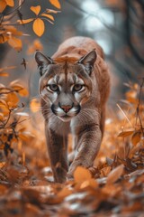 Obraz premium A Cougar's Quiet Trek Through a Leaf-Strewn Field, Embodying the Stealth of Nature.