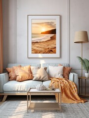 Sun-drenched Beaches Wall Art: Coastal Golden Hour Illustration with Rolling Hills