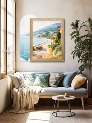 Sun-drenched Mediterranean Beach: Coastal Print of Vintage Landscape with Artistic Flair