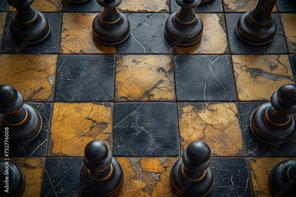 Poster an overhead view of a chessboard with pieces arranged on the sides, leaving an open center for text.