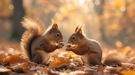 Two Squirrels Interacting After Feeding Time.