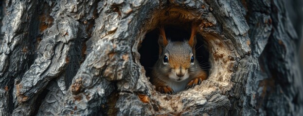 red squirrel with walnut sitting inside a hole in a tree