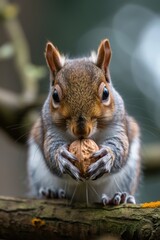 Obraz premium A Squirrel's Delightful Banquet, Savoring a Nut in Its Natural Dining Hall.