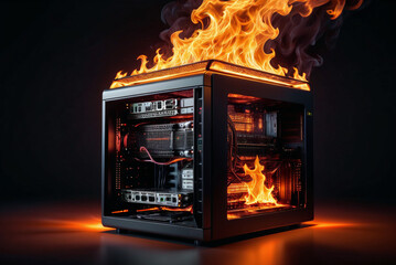 server rack on fire due to high demand of generative AI generation and cryptocurrency mining - obrazy, fototapety, plakaty