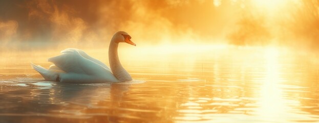 white swan swimming in foggy water at sunrise