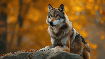 Amidst a Tapestry of Crimson and Gold, A Wolf Stands Vigil in the Autumn Woods.