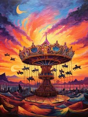 Whimsical Carousel Rides: A Vintage Sunset Painting of Amusement Art and Landscape