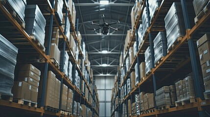 drones hovering over aisles in a warehouse, diligently scanning barcodes for precise inventory management, showcasing the seamless integration of technology into the supply chain.