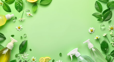 natural cleaning products display with green botanicals on a fresh green background
